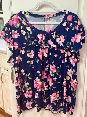 Floral Ruffle Short Sleeve Blouse - Navy with Pink Floral